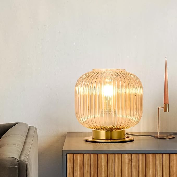 NKU Mid-Century Modern Glass Table Lamp Featuring a Ribbed Glass Shade, Gold-Finished Nightstand or Desk Lamp Ideal for Bedside, Corner Bookshelf, Living Room, or Office (Amber Table Lamp)