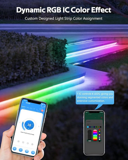 16.4FT RGB IC LED Strip Lights for Bedroom 12V Addressable Smart LED Light Strip Color Chasing Waterproof LED Light with Segmented APP Control Music Sync Strong Adhesive for Gaming Living Room