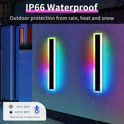 Widened 2 Pack RGB Outdoor Wall Lights, 23.6inch Long Dimmable Modern LED Wall Sconces, 10 Colors, 5 Modes, IP65 Waterproof Black Minimalist Lighting for Porch, Garage, Patio, Exterior House