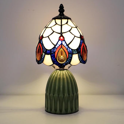 Tiffany Lamp Stained Glass Mushroom Table Lamps 6X6X12.5 Inch Pink Peacock Tail Style Small Night Light Ceramic Base Mini Accent Desk Light Suitable for Bedside Table Bedroom Children Room