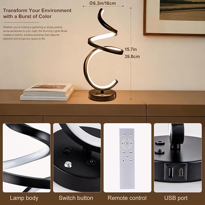 RGB Spiral LED Table Lamp, Dimmable Creative Bedside Lamp, Modern Color Changing Nightstand Light for Bedroom, Gaming Room & Home Decor
