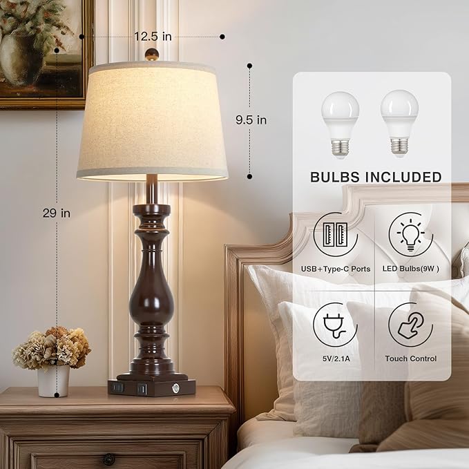 29" Farmhouse Brown Table Lamp for Living Room Set of 2,Vintage Bedside Nightstand Lamps with USB C+A Ports & AC Outlet,3-Way Dimmable Touch Retro Lamp for Bedroom,Dark Brown