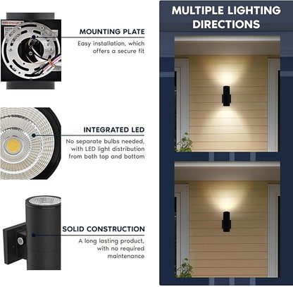 LUXRITE Dusk to Dawn LED Modern Outdoor Wall Lights, 12", Up or Up and Down Light, 3CCT 3000K-5000K, Waterproof Cylinder Wall Sconce, 18/24/30W, Dimmable, IP65, ETL, Black - Patio Garage (2 Pack)