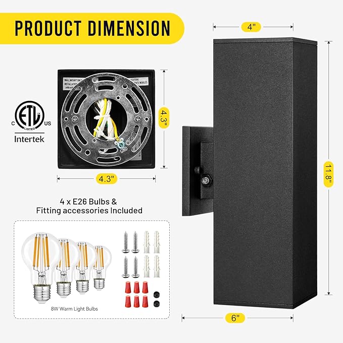Outdoor Light Fixture Dusk to Dawn 2 Pack, Matte Black Modern Porch Light IP65, 3000K LED Bulbs Exterior Lighting Fixtures Outdoor Wall Lights for House, Garage Front Door