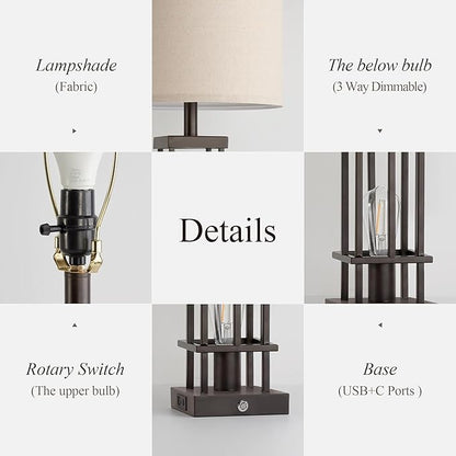 29.5" Table Lamps for Living Room Set of 2, Farmhouse Table Lamps with USB C+A Ports, Touch Control Bedside Lamps with Oil Rubbed Bronze Finish, Bulbs Included