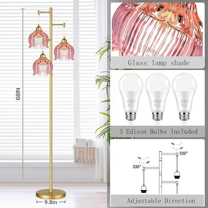 Glass Floor Lamp for Living Room,Bedroom,Gold Flower Mid Century Modern Standing Lamp Brass Tree 3 Light Tall Floor Lamps Vintage Floor Lights Pink Lamp Shade Farmhouse Boho Bohemian