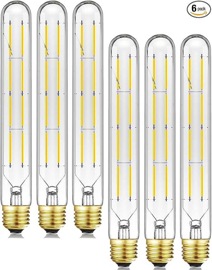 E26 LED Light Bulb,T10 Dimmable Led Tubular Bulb 8W,75 Watt Equivalent,T10 Led Bulbs 5000K Cool White,8.9In Edison Light Bulbs,Clear Glass,6Pack.