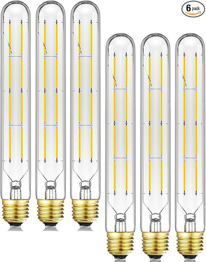 E26 LED Light Bulb,T10 Dimmable Led Tubular Bulb 8W,75 Watt Equivalent,T10 Led Bulbs 5000K Cool White,8.9In Edison Light Bulbs,Clear Glass,6Pack.