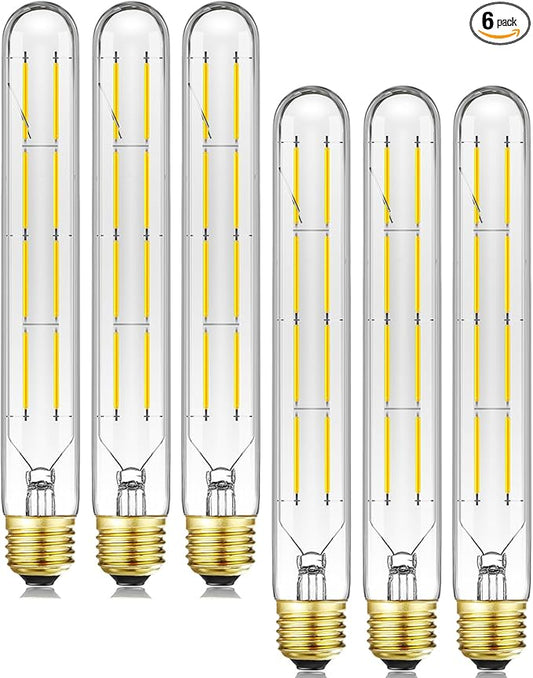 E26 LED Light Bulb,T10 Dimmable Led Tubular Bulb 8W,75 Watt Equivalent,T10 Led Bulbs 5000K Cool White,8.9In Edison Light Bulbs,Clear Glass,6Pack.
