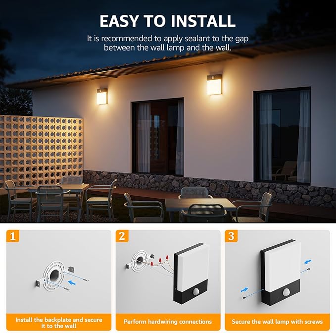 Aoceeley Modern Outdoor Led Wall Light with Motion Sensor,24W 3000K Porch & Patio Light,Exterior Hardwired Wall Light Fixtures,IP65 Waterproof Square Wall Lamp for Garage, Front Door(Black,2-Pack)