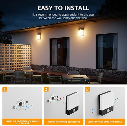 Aoceeley Modern Outdoor Led Wall Light with Motion Sensor,24W 3000K Porch & Patio Light,Exterior Hardwired Wall Light Fixtures,IP65 Waterproof Square Wall Lamp for Garage, Front Door(Black,2-Pack)
