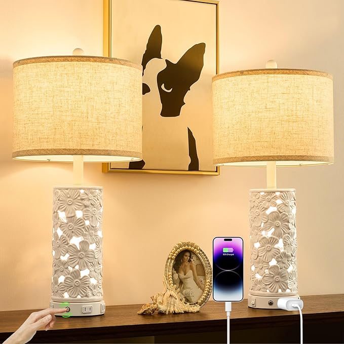 25.5" Modern Ceramic Table Lamp Set of 2 - Bedroom Nightstand Lamp for Living Room, White Bedside Lamp Farmhouse Night Stand Light Lamp for Study Room Office (Ceramic-2 Pack)