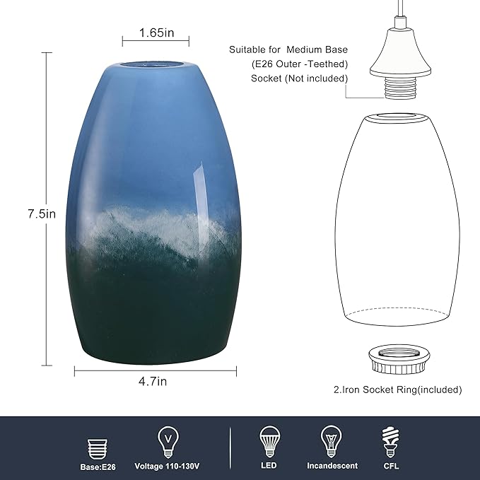 Mini Glass Pendant Light 1-Pack with Handblown Blue White Marble Art Oval Glass Lamp Ceiling Hanging Light, for Dining Room,Kitchen,Foyer,Hallway 4.72"
