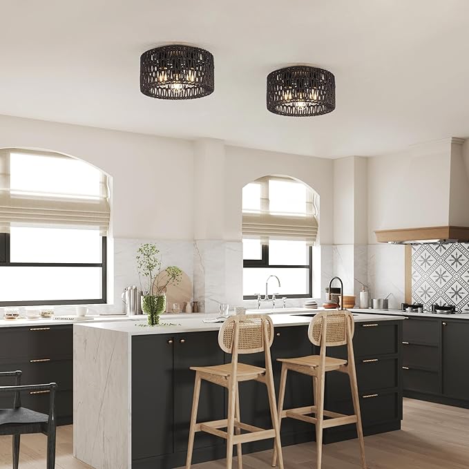 Rattan Ceiling Light Fixture, 3-Light Bohemian Modern Woven Ceiling Light, Black Boho Flush Mount Ceiling Light for Bedroom Living Room Dining Room, Bulb Not Included