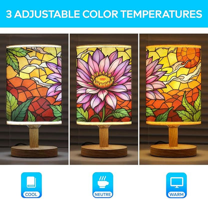 Aster Flower Table Lamp LED 3-Color Pressed Bedside, Aster Flower Shade Lamp with Wood Base for Bedroom Living Room Desk Office TL01