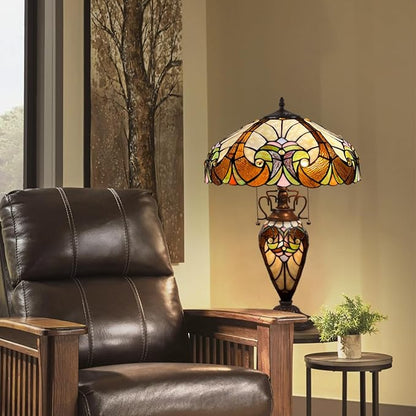 Tiffany Table Lamp Night Light 16" Wide Handmade Stained Glass Lamp Shade 3 Light Amber Cream Victorian Style Vintage Table Lamp for Home and Office