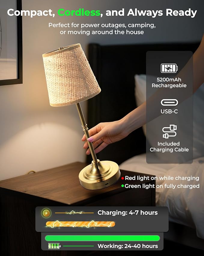 Gold Cordless Rechargeable Table Lamp, Touch LED Bedside Lamp, 5200mAh Battery Operated Lamp, 3 Shades + 3 Color Stepless Dimming, Portable Wireless Small Table Lamp for Bedroom,Kitchen