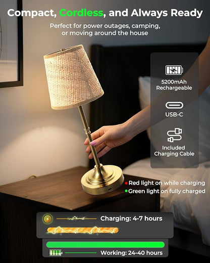 Gold Cordless Rechargeable Table Lamp, Touch LED Bedside Lamp, 5200mAh Battery Operated Lamp, 3 Shades + 3 Color Stepless Dimming, Portable Wireless Small Table Lamp for Bedroom,Kitchen