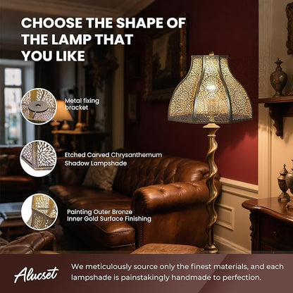 Exquisite Eight-Petal Lotus Metal Cover with Etched Chrysanthemum Pattern in Antique Bronze and Gold Finish for Table Lamp Floor Lamp Fits Living Room Bedroom ALUCSET Metal Lamp Shade