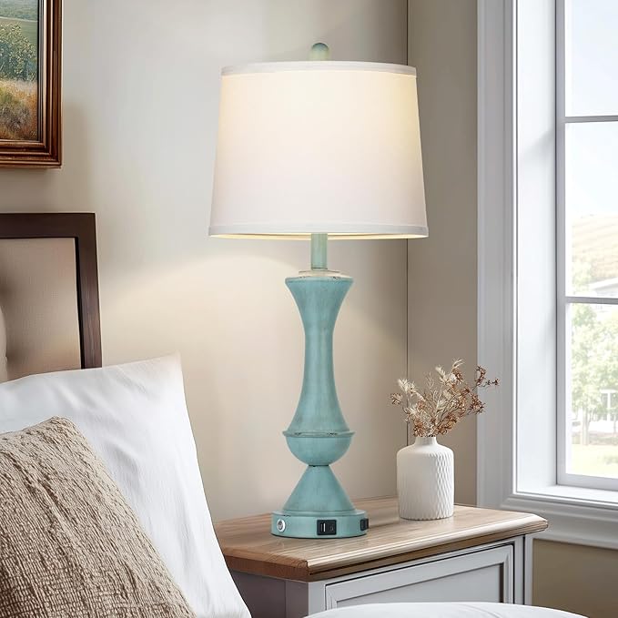 29" Coastal Tall Blue Table Lamps Set of 2 for Living Room, Touch Control Bedroom Lamps for Nightstand, 3-Way Dimmable Bedside Lamp with USB A+C Ports & AC Outlets (2 LED Bulbs Included)