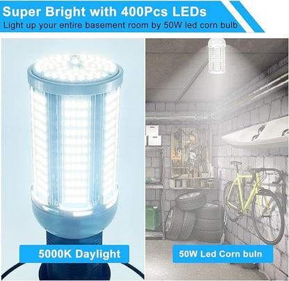 2 Pack 400W Equivalent LED Corn Light Bulb 6000 Lumen Led Corn Bulb 50W Super Bright 5000K Daylight White E26/E27 Base LED Light Bulb for Home Garage Lighting Garage Backyard Office Household