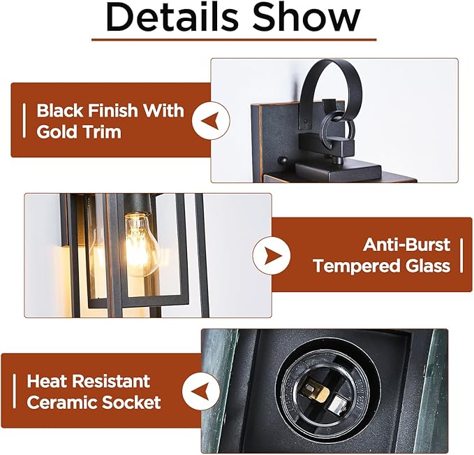 2-Pack Outdoor Wall Lights with Waterproof, Exterior Lighting Fixtures Wall Mount, Black Finish with Gold Trim Porch Lights Outdoor Wall Sconces Lanterns, Modern Coach Lights for House, Doorway