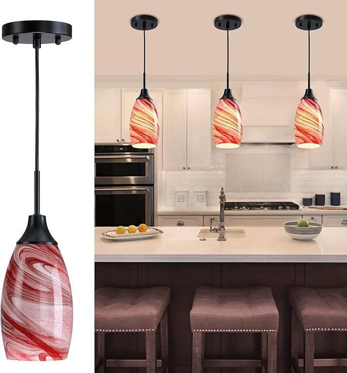 Mini Glass Pendant Light,3-Pack Handblown Burgundy Marble Art Glass Hanging Light 4.72" Oval Ceiling Hanging Light Fixture for Dining Room Kitchen Island Cafe Foyer Hallway