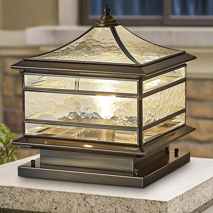 All Copper Steel Glass Outdoor Post lights, Waterproof Pillar Light, Vintage Patio Lawn Column Lamp,outdoor column lights,Deck Lights, Lantern Fence Lamp Fixture E26 Base (Wiring E26 Base, 12X12in)