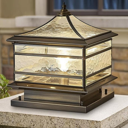 All Copper Steel Glass Outdoor Post lights, Waterproof Pillar Light, Vintage Patio Lawn Column Lamp,outdoor column lights,Deck Lights, Lantern Fence Lamp Fixture E26 Base (Wiring E26 Base, 12X12in)