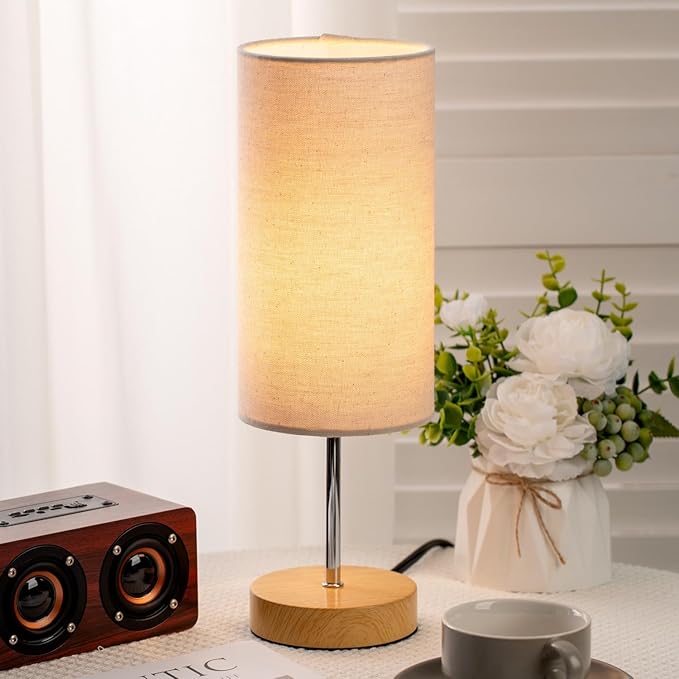 Small Bedside Table Lamp for Bedroom Nightstand, Round Linen Shade and Wood Base, Rustic Minimalist Night Lamps for Dresser, Living Room, Office, College Dorm Reading, Warm Light, 5W LED Bulb Included