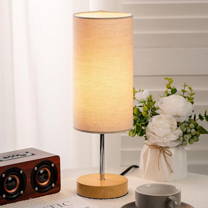 Small Bedside Table Lamp for Bedroom Nightstand, Round Linen Shade and Wood Base, Rustic Minimalist Night Lamps for Dresser, Living Room, Office, College Dorm Reading, Warm Light, 5W LED Bulb Included