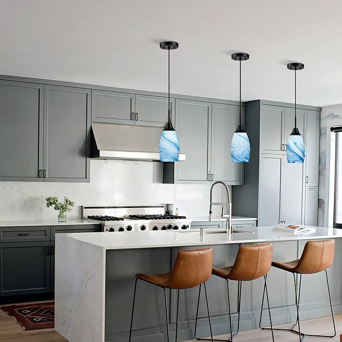 Mini Glass Pendant Light 4.72" with Handblown Blue Marble Art Glass Hanging Light 1-Pack Oval Ceiling Hanging Light Fixture for Dining Room Kitchen Island Cafe Foyer Hallway