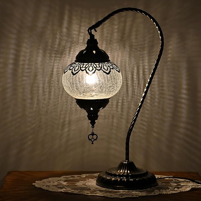 Swan Neck Turkish Moroccan Lamp Handmade Stained Mosaic Glass Vintage Lamp Shade Bohemian Tiffany Style Bedside Night Lamp Lighting for Bedroom Living Room (White)
