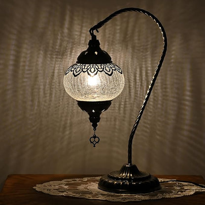 Swan Neck Turkish Moroccan Lamp Handmade Stained Mosaic Glass Vintage Lamp Shade Bohemian Tiffany Style Bedside Night Lamp Lighting for Bedroom Living Room (White)