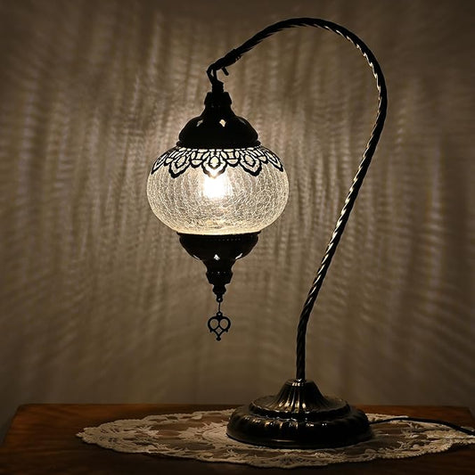 Swan Neck Turkish Moroccan Lamp Handmade Stained Mosaic Glass Vintage Lamp Shade Bohemian Tiffany Style Bedside Night Lamp Lighting for Bedroom Living Room (White)