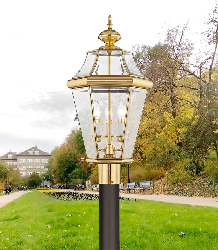 Livex Lighting 2364-02 Outdoor Post with Clear Beveled Glass Shades, Polished Brass