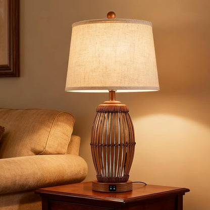 27” Vintage Bamboo Woven Table Lamps Set of 2, Farmhouse Rattan Bedside Lamps for Bedroom Livingroom Office Study with Nightlight and USB A+C, Bulbs Included