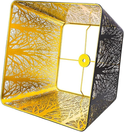Medium Square Lamp Shades, ALUCSET Metal Lampshade with Pattern of Trees for Table Lamp and Floor Light, 9 x 12 x 8.8 Inch, Spider (Black/Gold)