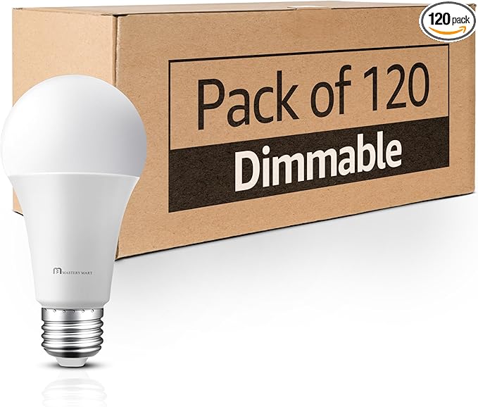 MASTERY MART 120 Pack A19 LED Light Bulbs 60W Equivalent, 9.5W Dimmable, Flicker-Free, 800 Lumens, 2700K Soft White, E26 Base, 10000 Hours, Energy Saving, Bright for Home, Bedroom, Living Room