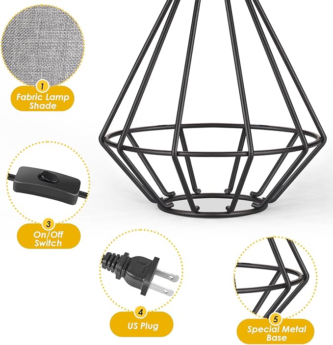 GGOYING Set of 2 Bedside Table Lamp, Black Metal Modern Lamp with Grey Fabric Shade, Simple Side Lamp for Living Room,Bedroom,Home,Office Working