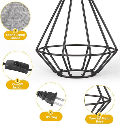 GGOYING Set of 2 Bedside Table Lamp, Black Metal Modern Lamp with Grey Fabric Shade, Simple Side Lamp for Living Room,Bedroom,Home,Office Working