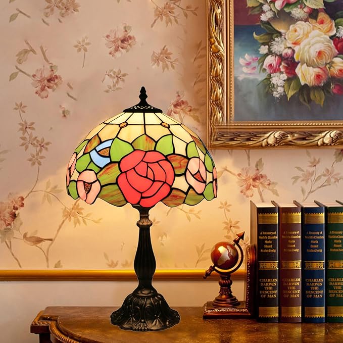 Tiffany Style Table Lamp, Stained Glass Bedside Lamp, Handmade Antique Desk Lamp, Red Rose Pattern, for Living Room Bedroom Home Office, Height 19 Inch, Width 12 Inch, Include LED Bulb