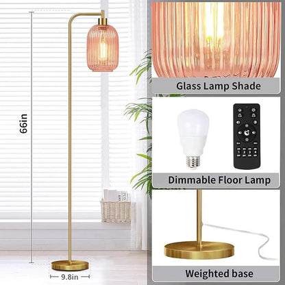 Pink Floor Lamp for Living Room,Bedroom,Gold Dimmable Standing Lamp with Remote,Mid Century Modern Brass Tall Lamp Retro Vintage Glass Lamp Floor Light Boho Bohemian