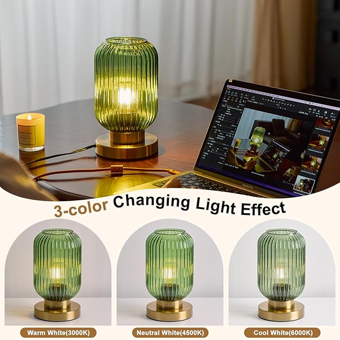 Bedside Table Lamp with Green Glass Shade, Small Nightlight Lamp Elegant Glass Nightstand Lamps Modern Desk Light with Plug-in Style for Bedroom Living Room Tabletop Dia5.9"x H9.8"