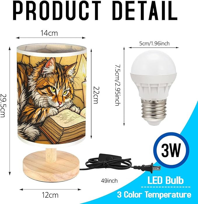 Cat & Book Table Lamp LED 3-Color Pressed Bedside, Cat & Book Shade Lamp with Wood Base for Bedroom Living Room Desk Office TL01