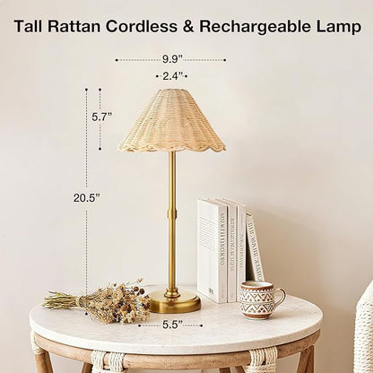 20.5'' Tall Cordless Boho Rattan Table lamp, 5200-mAh Rechargeable Battery, 3-Level Brightness Dimmable, Build-in LED 320 Lumen Max, for Bedside Restaurant Resort Hotel Dining Table