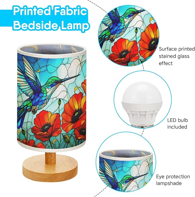 Poppy Humminhbird Table Lamp LED 3-Color Pressed Bedside, Poppy Humminhbird Shade Lamp with Wood Base for Bedroom Living Room Desk Office