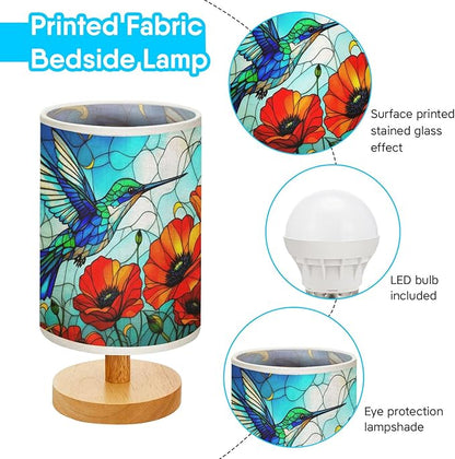 Poppy Humminhbird Table Lamp LED 3-Color Pressed Bedside, Poppy Humminhbird Shade Lamp with Wood Base for Bedroom Living Room Desk Office