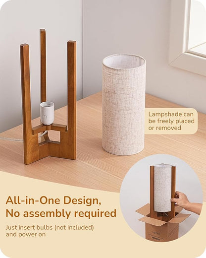 EDISHINE 13.5" Small Table Lamp, Walnut Wood Cylinder Nightstand Lamp for Bedroom, Beige Linen Shade, Corner Modern Bedside Lamp for Living Room, On-Off Line Switch, E26 Base (Bulb Not Included)