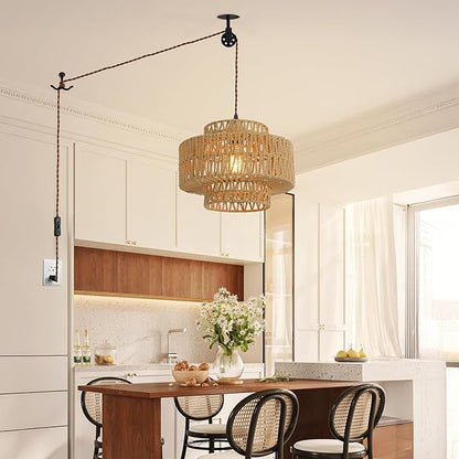 Boho Rattan Lamp Shades for Pendant Light Chandelier Floor Lamps Replacement,Rustic 3-Tier Drum Lamp Shade with Hand-Woven Rattan for Living Room Kitchen Dining Room Office Hotel.